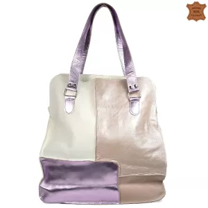 Голяма дамска кожена чанта в светли пастелни цветове 73033-30