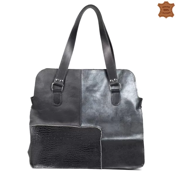 Среден размер черна дамска чанта от естествена кожа 75064-7