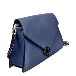 Актуална дамска чанта с твърда структура в син цвя...