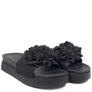 Черни дамски чехли с цветя на платформа 21724-1...