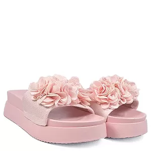 Розови дамски чехли с цветя на платформа 21724-4