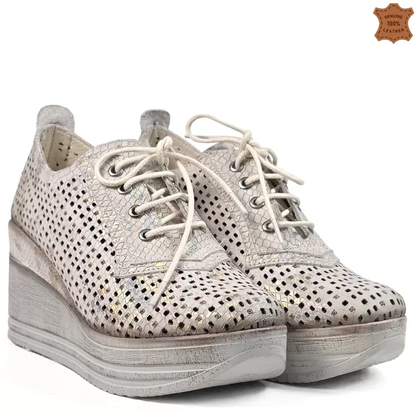 Сиво-златисти кожени дамски пролетни обувки на платформа 21158-3