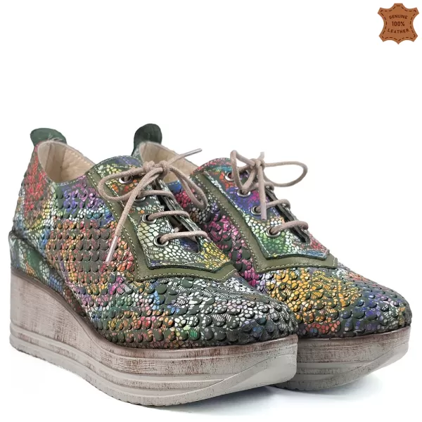 Цветни кожени дамски пролетни обувки на платформа 21158-5