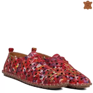 Дамски летни обувки с перфорация от цветна червена кожа 21185-6