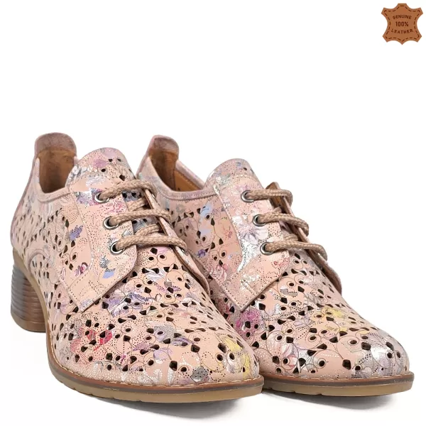 Кожени цветни дамски летни обувки с връзки в цвят пудра 21207-6