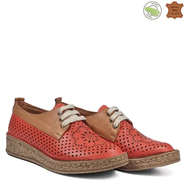 Дамски пролетно летни обувки с връзки в оранжево и кафяво 21250-4