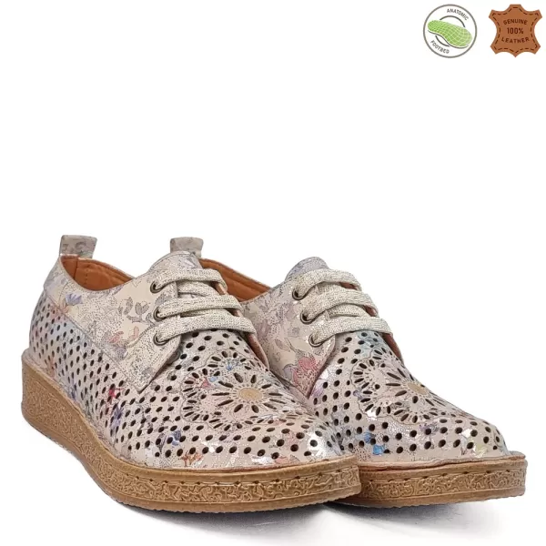Дамски летни обувки с връзки в бежова цветна кожа 21250-7