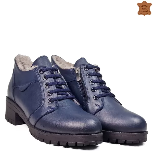 Топли дамски обувки от естествена кожа в син цвят 21474-2