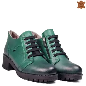 Топли дамски обувки от естествена кожа в зелен цвят 21474-4