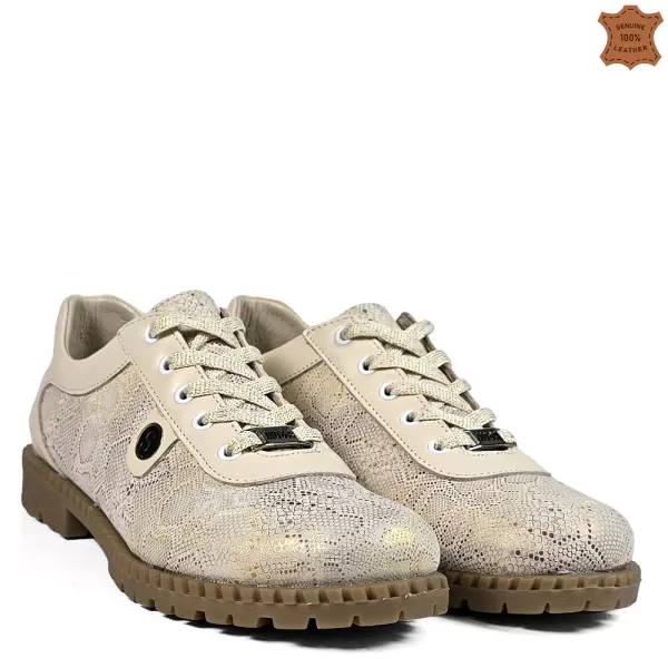 Ниски дамски ежедневни обувки от естествена кожа в бежово 21542-3