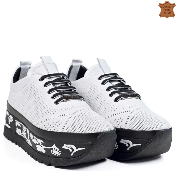 Бели кожени дамски спортни обувки с връзки 21559-1