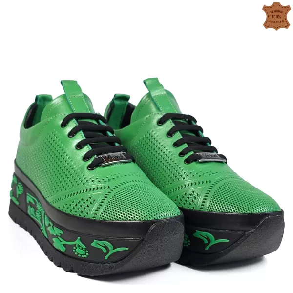 Зелени кожени дамски спортни обувки с връзки 21559-3