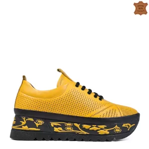 Жълти кожени дамски спортни обувки с връзки 21559-...