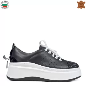 Български дамски кожени обувки в черно с брокат 21598-1