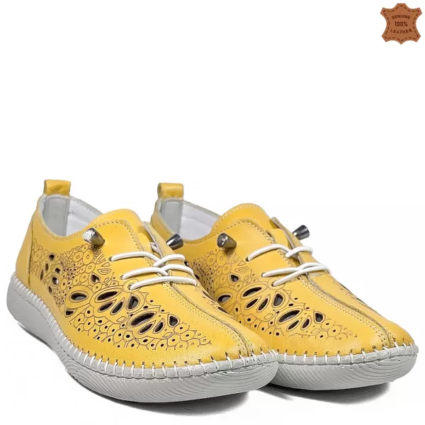Жълти кожени дамски пролетни обувки с перфорация 21617-3