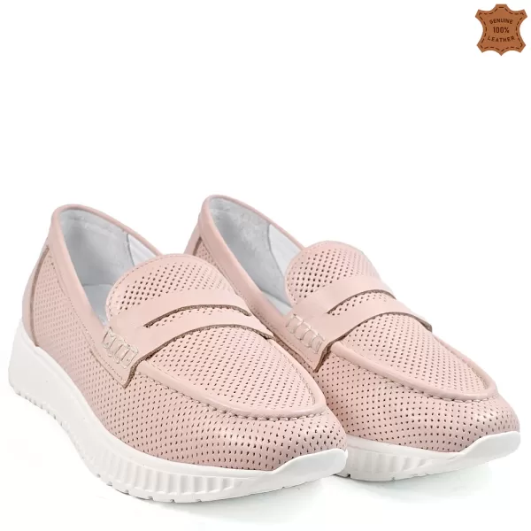 Ежедневни дамски кожени обувки с перфорация в розов цвят 21623-2