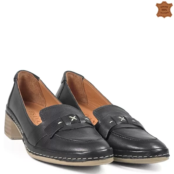 Дамски ежедневни кожени обувки в черно на ток 21665-2
