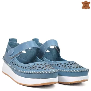 Кожени дамски летни обувки в син цвят с велкро 216...