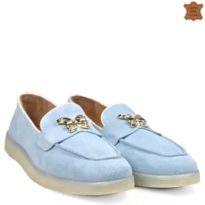 Дамски обувки тип мокасини от велур в светлосин цвят 21673-3