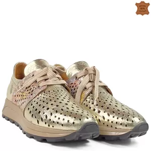 Спортни летни дамски обувки от естествена кожа в златисто 21712-2