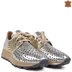 Сребристи спортни летни дамски обувки от естествена кожа 21712-3