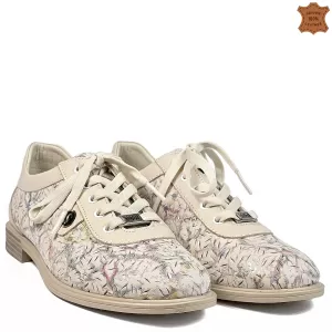 Дамски ниски обувки от цветна бежова кожа с перфорация 21722-3