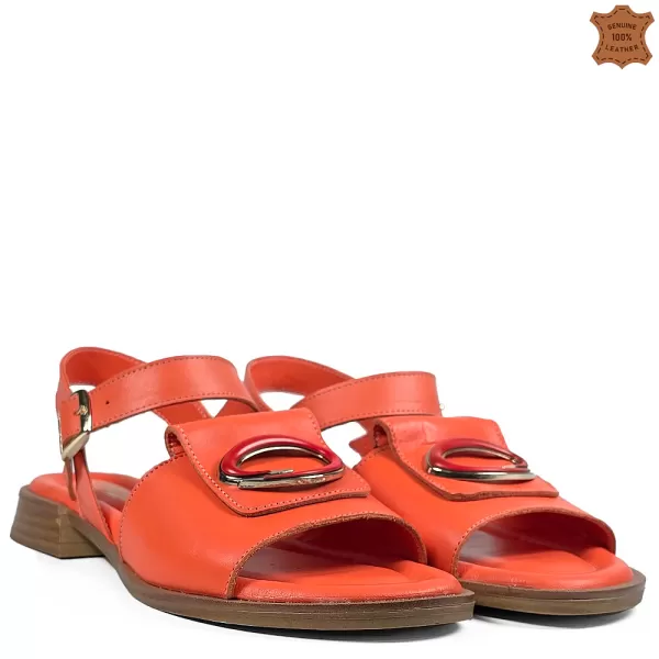 Дамски ниски сандали от естествена кожа в оранжев цвят 21353-6