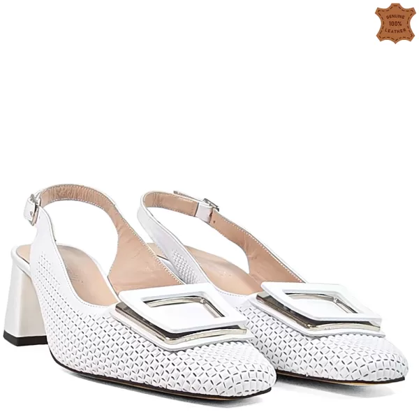 Елегантни дамски кожени сандали в бяло на ток 21557-6