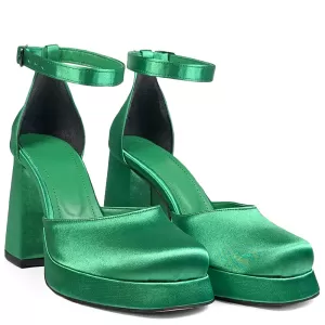 Зелени дамски сандали от сатен на висок ток с плат...