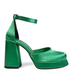 Зелени дамски сандали от сатен на висок ток с плат...