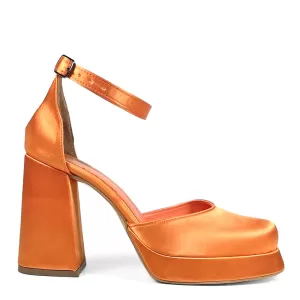 Оранжеви дамски сандали от сатен на висок ток с пл...