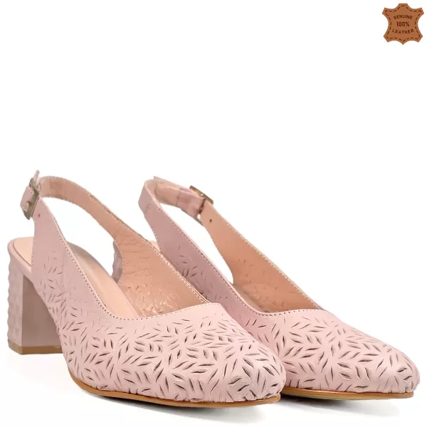 Бледо розови дамски сандали на ток с красива перфорация 21575-4
