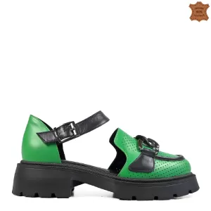 Дамски сандали тип лоуфъри в зелено от естествена кожа 21625-3
