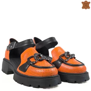 Дамски сандали тип лоуфъри в оранжево от естествена кожа 21625-4