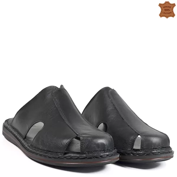 Затворени черни мъжки чехли от естествена кожа 14610-1