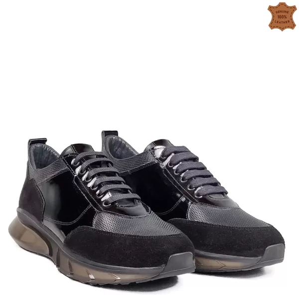Черни кожени мъжки спортни обувки с връзки 13290-1