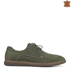 Зелени мъжки елегантни обувки от набук с перфорация 13296-4