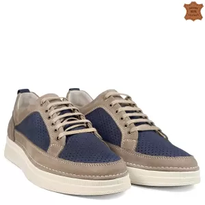Пролетни мъжки обувки от естествен набук в синьо и кум 13303-1