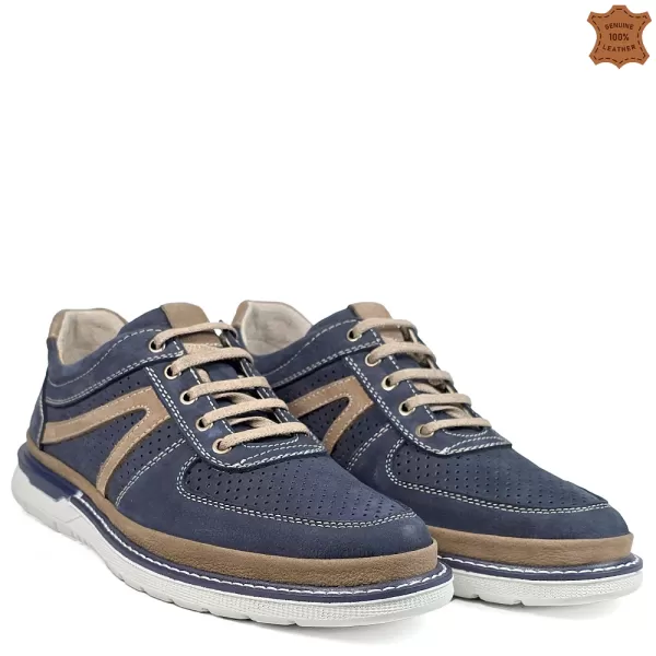 Мъжки обувки от набук с перфорация в синьо и кум 13305-1