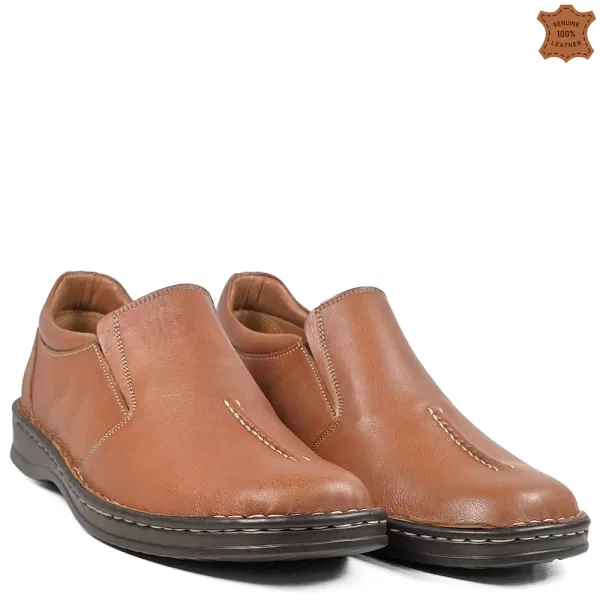 Ежедневни мъжки кожени обувки в кафяво с ластик 13309-2