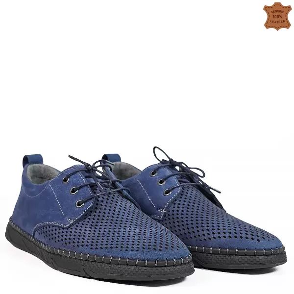 Пролетно летни мъжки обувки от набук в синьо с връзки 13323-1