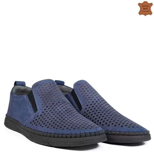 Пролетно летни мъжки обувки от набук в синьо с ластици 13324-1