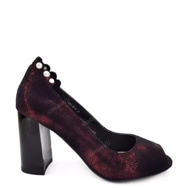 Дамски елегантни обувки на ток с отворени пръсти в бордо
