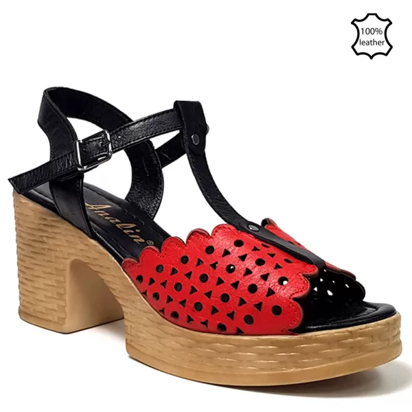 Дамски сандали от естествена кожа в червено и черно