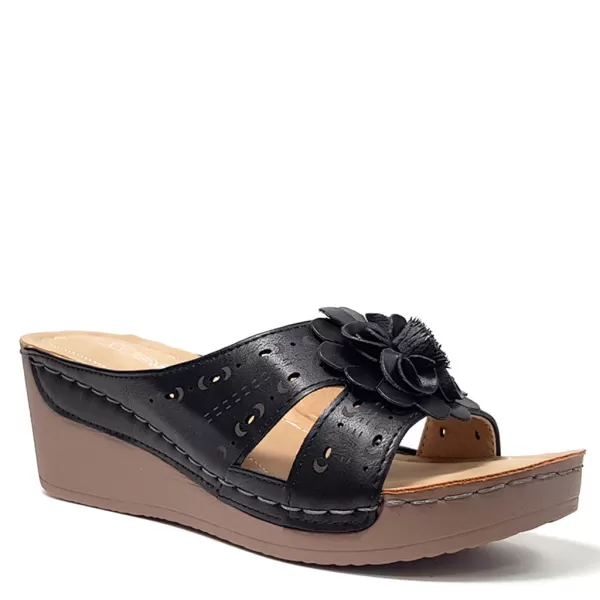 Черни дамски летни чехли с цвете от еко кожа