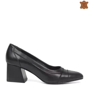 Черни кожени дамски елегантни обувки с дебел ток 2...