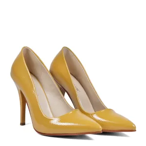 Жълти лачени дамски елегантни обувки на висок ток ...
