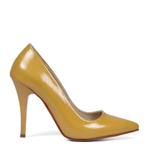 Жълти лачени дамски елегантни обувки на висок ток ...