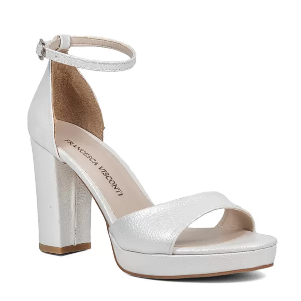 Бели дамски елегантни сандали от сатен с висок ток 21174-1