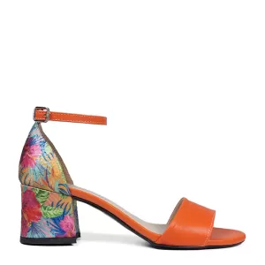 Оранжеви дамски елегантни сандали с ток на цветя 21253-1